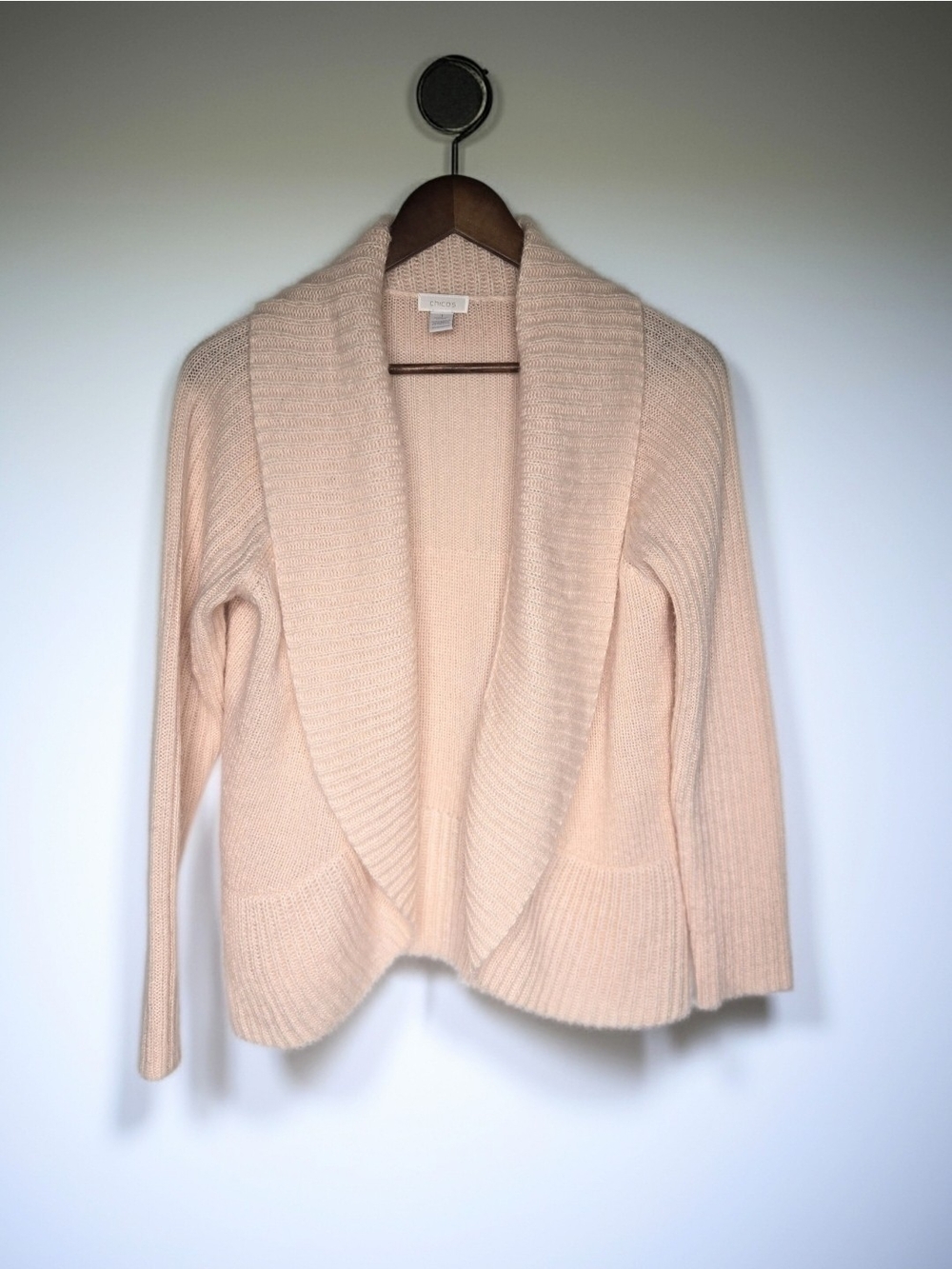 Chico's Size 1 Peach Pink Wool Knit Open Front Shawl Collar Cardigan Sweater